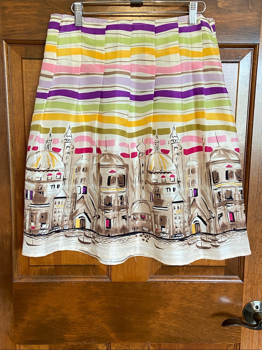Alison Taylor Vintage Pleated Aline Cityscape Stripe Lined 100% Silk Skirt Sz 4